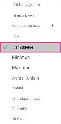 Schermopname van de aggregatieslijst met Gemiddelde geselecteerd en uitgelicht.