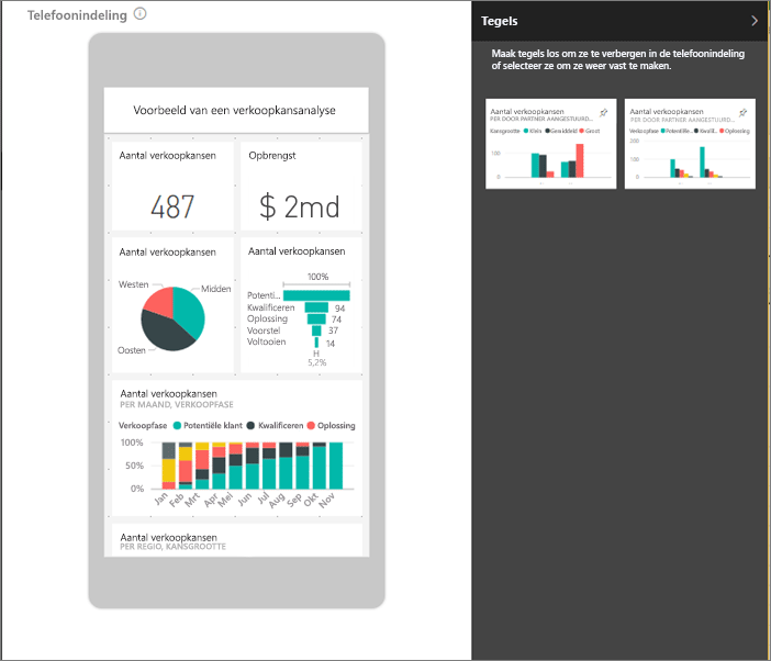 Schermopname van een telefoondashboard met tegels in het deelvenster Losgemaakte tegels.