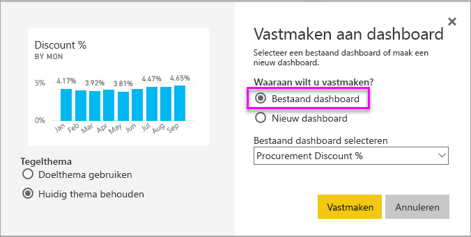 Schermopname van het venster Vastmaken aan dashboard, waarbij bestaand dashboard wordt gemarkeerd.