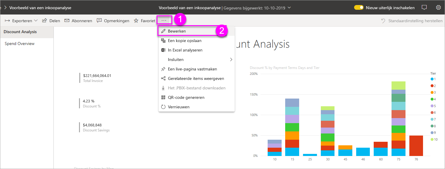 Schermopname van het rapport, waarin meer opties worden gemarkeerd en bewerkt.