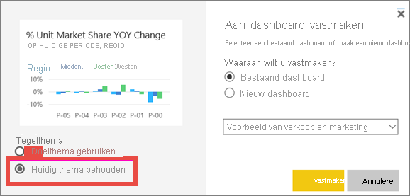 Schermopname van het venster Vastmaken aan dashboard, waarin de optie Huidig thema behouden wordt gemarkeerd.