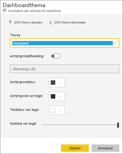 Schermopname van het dialoogvenster Dashboardthema met de optie Aangepast thema geselecteerd.