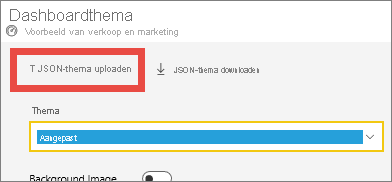 Schermopname van het venster Dashboardthema met de optie JSON-thema uploaden gemarkeerd.