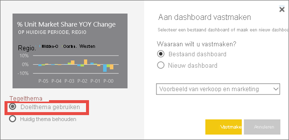 Schermopname van het venster Vastmaken aan dashboard, met de optie Doelthema gebruiken gemarkeerd.