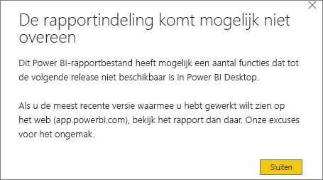 Een schermopname van een waarschuwingsdialoogvenster van Power BI Desktop met de titel: Er kunnen verschillen in de rapportindeling bestaan.