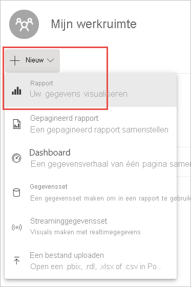 Schermopname van Mijn werkruimte, waarin het vervolgkeuzemenu Nieuw en de optie Nieuw rapport worden gemarkeerd.