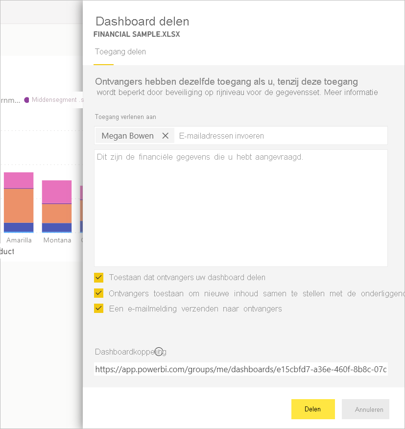 Schermopname van het deelvenster Dashboard delen, met alle opties geselecteerd.