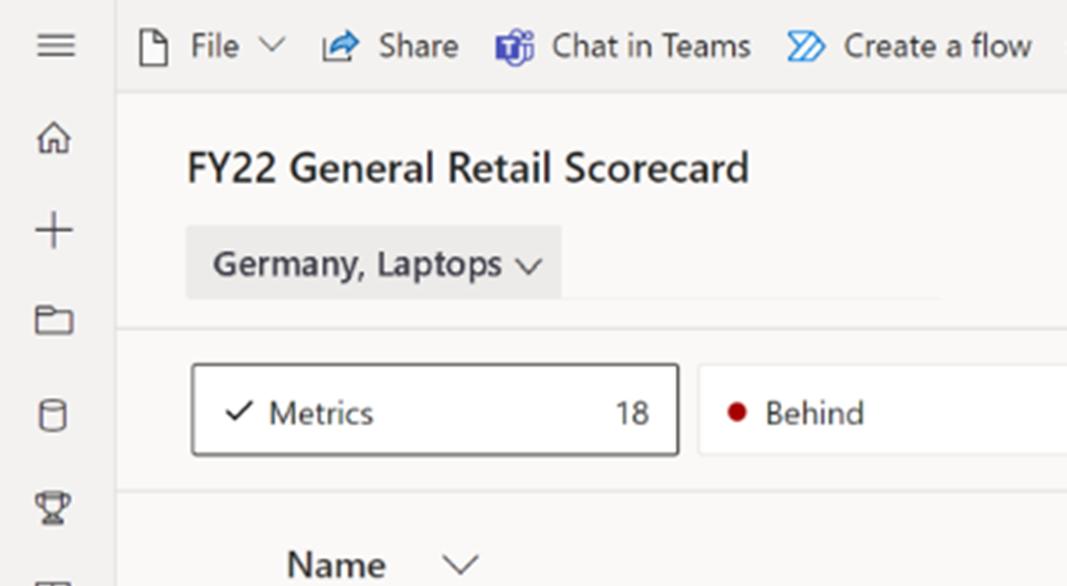 Schermopname van een koptekst binnen een scorecard die de twee niveaus van de hiërarchie plaatst die een gebruiker heeft gekozen, Duitsland en Laptops.