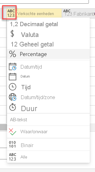 Schermopname van de opties voor gegevenstypen voor een kolom.