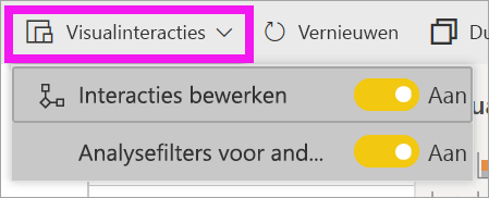 Schermopname van Power BI-service, waarin de vervolgkeuzelijst Visuele interacties wordt gemarkeerd.