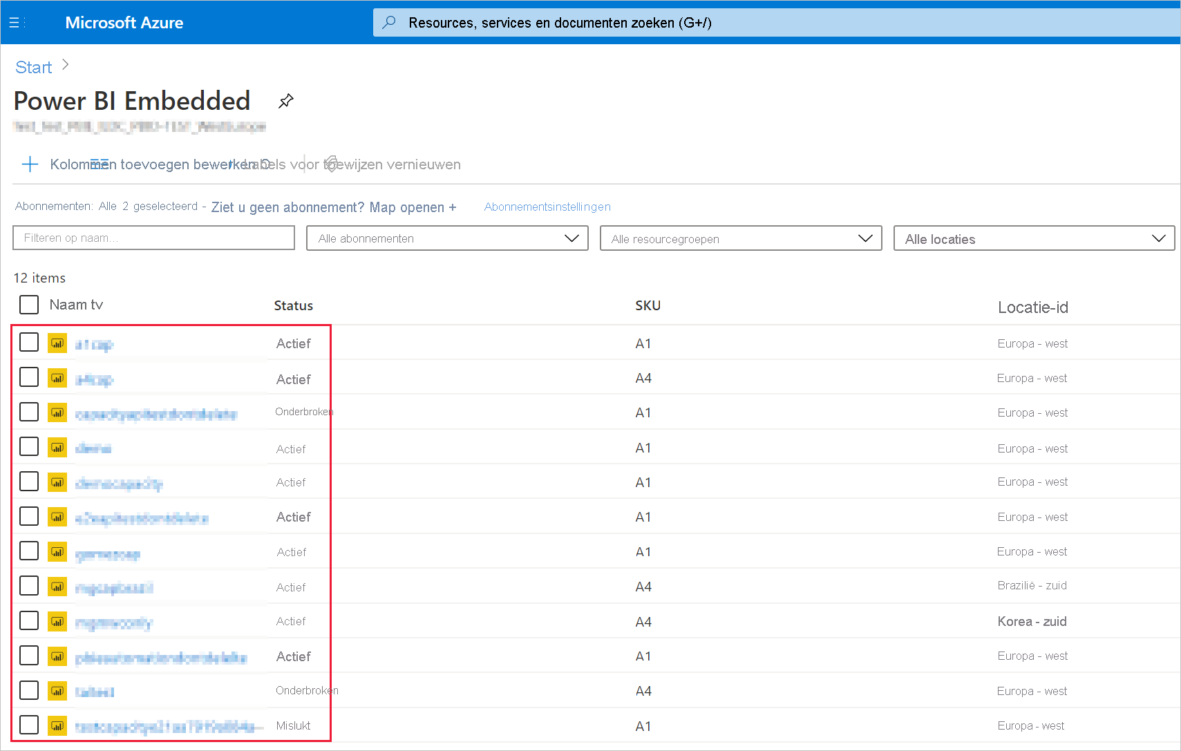 Schermopname van een lijst met Power BI Embedded-capaciteit in Azure Portal.