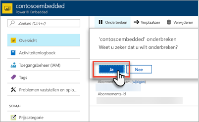 Schermopname van Azure Portal, waarin de gemarkeerde knop Ja wordt weergegeven in het dialoogvenster Capaciteit onderbreken.