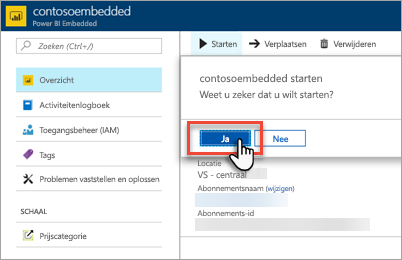 Schermopname van Azure Portal, waarin de gemarkeerde knop Ja wordt weergegeven in het dialoogvenster Capaciteit starten.