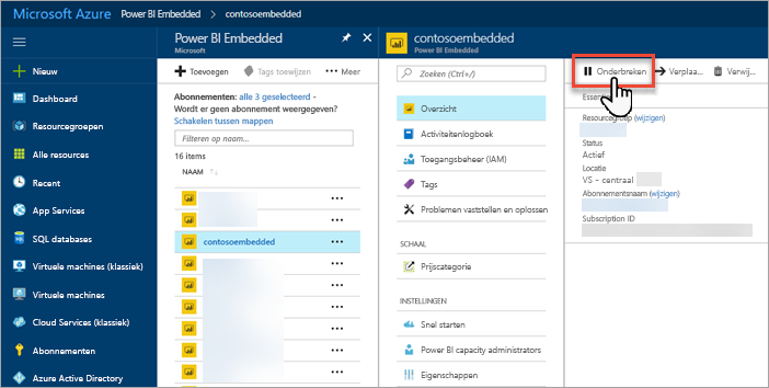 Schermopname van Azure Portal, waarin de gemarkeerde knop Onderbreken wordt weergegeven.