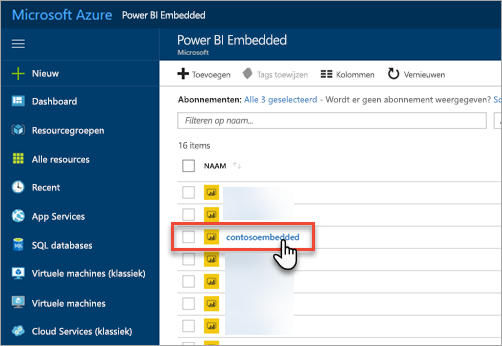 Screenshot of Power BI Embedded capacity list in Azure portal.