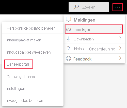 Een schermopname van de menuoptie Beheerinstellingen in het menu Instellingen van de Power BI-service.