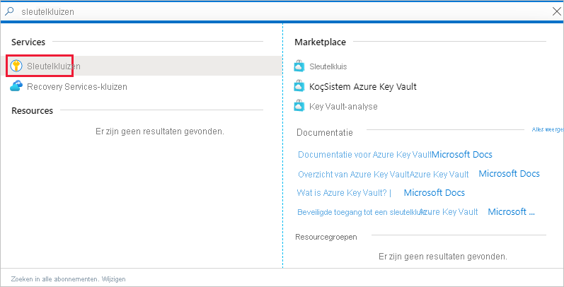 Schermopname van het venster Azure Portal, waarin een koppeling naar de sleutelkluisservice in de lijst Services wordt weergegeven.