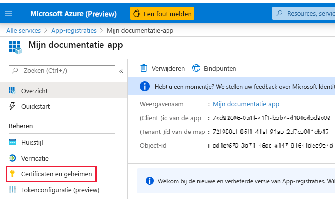 Schermopname van de pagina Overzicht van de nieuwe app. In het navigatiedeelvenster zijn Certificaten en geheimen gemarkeerd.