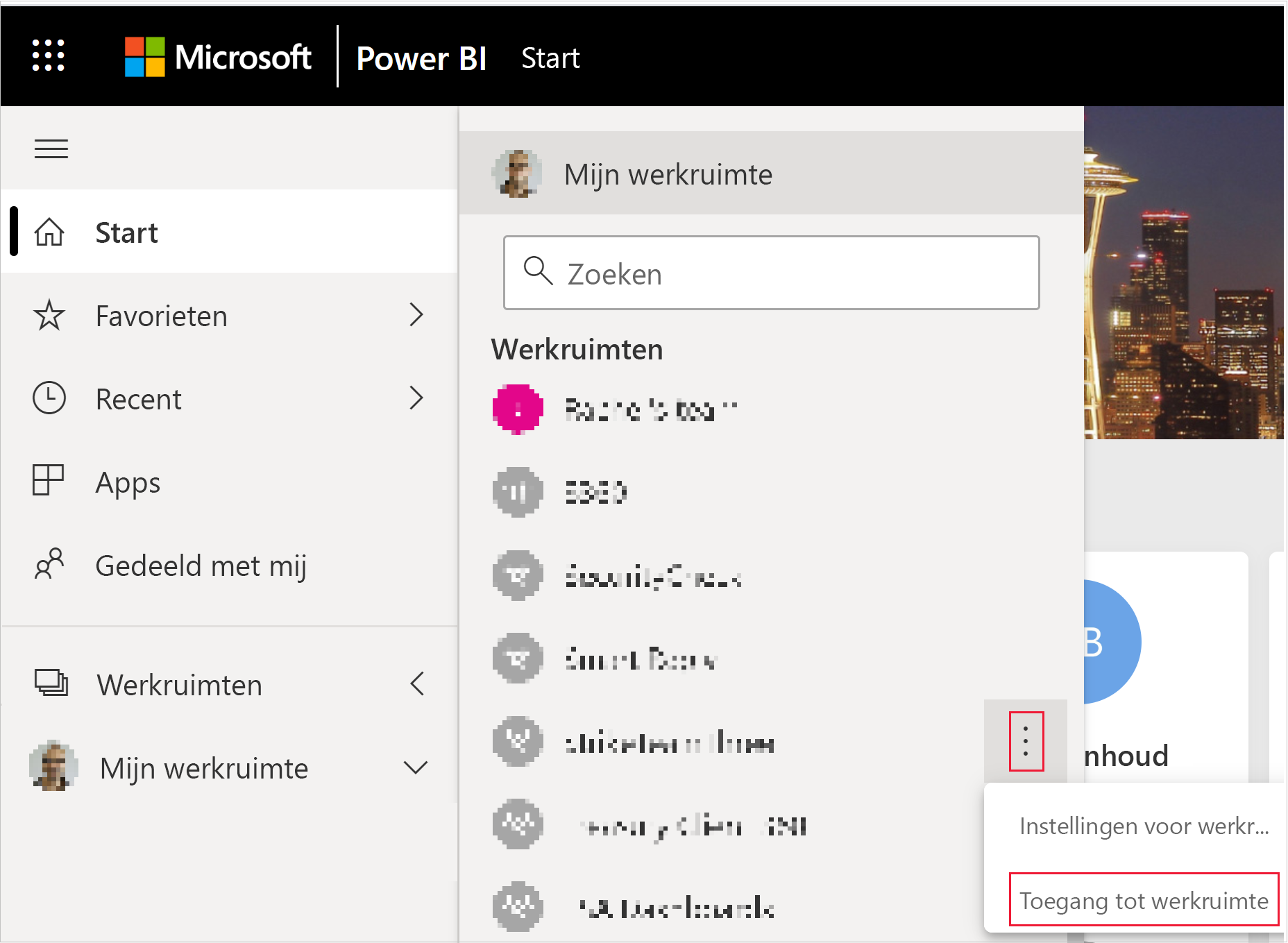 Schermopname van de knop Toegang tot werkruimte in het menu Meer van een Power BI-werkruimte.