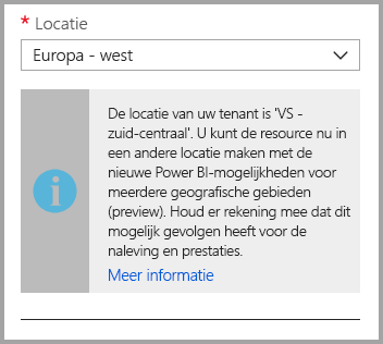 Screenshot of the Azure portal capacity creation screen, which shows the capacity's location is different than the default tenant location.