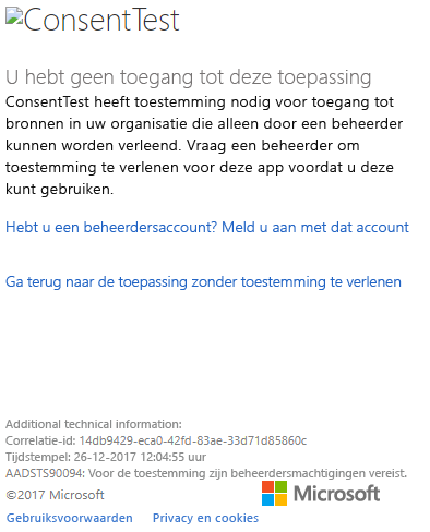 Schermopname van het aanmeldingsdialoogvenster van Azure Portal, waarin de machtigingsfout Toestemmingstest wordt weergegeven.