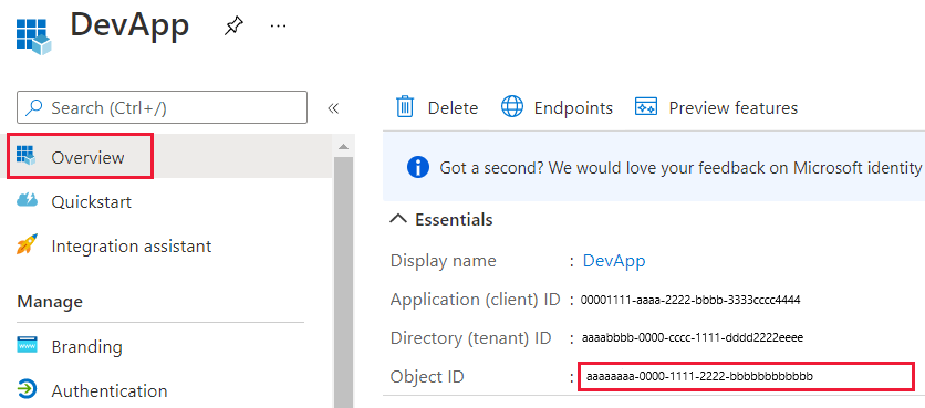 Schermopname van het venster Azure Portal, waarin de object-id wordt weergegeven op de blade Overzicht van een Microsoft Entra-toepassing.