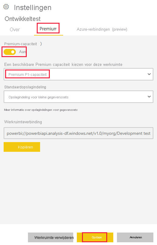 Schermopname van de Premium-instellingen van een werkruimte in de Power BI-service. Een geselecteerde capaciteit en de knop Opslaan zijn gemarkeerd.