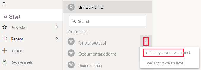 Schermopname van het Power BI-service, met het menu Meer van een werkruimte uitgevouwen. In dat menu zijn het beletselteken en de werkruimte-instellingen gemarkeerd.