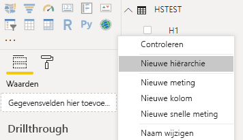 Schermopname van Power BI Desktop met Nieuwe hiërarchie geselecteerd in een contextmenu.