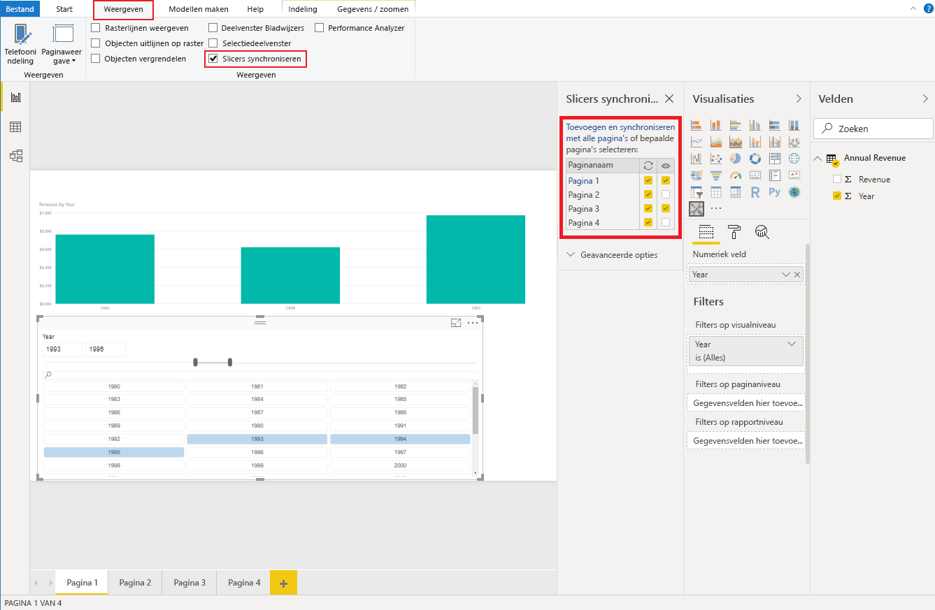 Schermopname van Power BI Desktop, waarin het deelvenster Slicers voor synchronisatie weergeven wordt weergegeven.