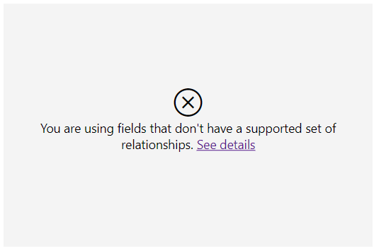 Schermopname van de visual waarvoor validaties zijn ingeschakeld, kan niet worden geladen omdat de velden niet hiërarchisch zijn gerelateerd. In het foutbericht wordt aangegeven dat u velden gebruikt die geen ondersteunde set relaties hebben.
