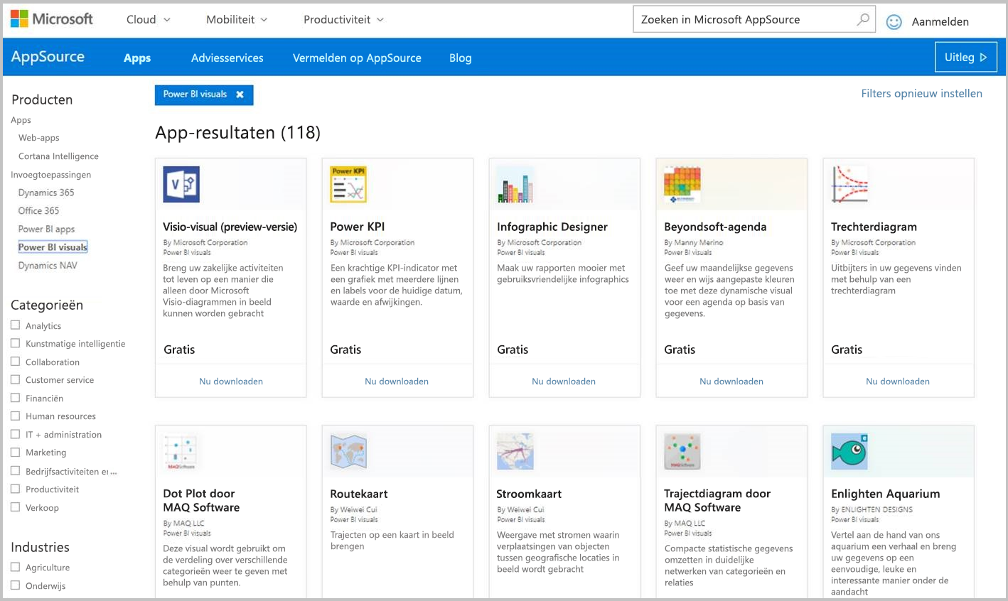 Schermopname van Power BI-visuals in AppSource.