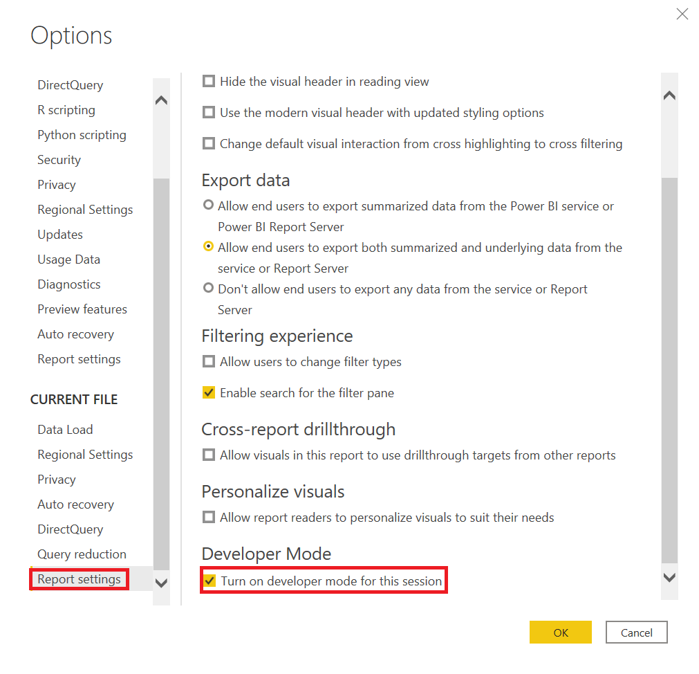 Schermopname van de ontwikkelaarsmodus in Power BI Desktop.