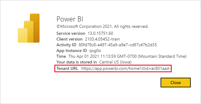 Schermopname van het dialoogvenster Over Power BI met de tenant-URL van de gastgebruiker gemarkeerd.