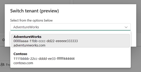 Schermopname van de tenantwisselaarselector waar u kunt kiezen naar welke tenant u wilt overschakelen.