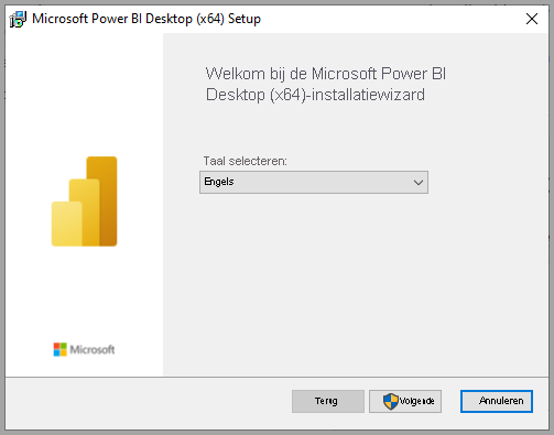 Schermopname van de installatie van Power BI Desktop met de installatiewizard.