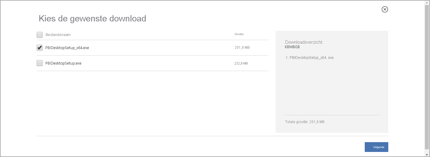 Schermopname van het Downloadcentrum met de 64-bits power BI Desktop-download geselecteerd.