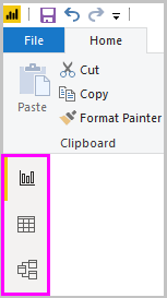 Schermopname van Power BI Desktop met de pictogrammen voor Rapport, Gegevens en Model.