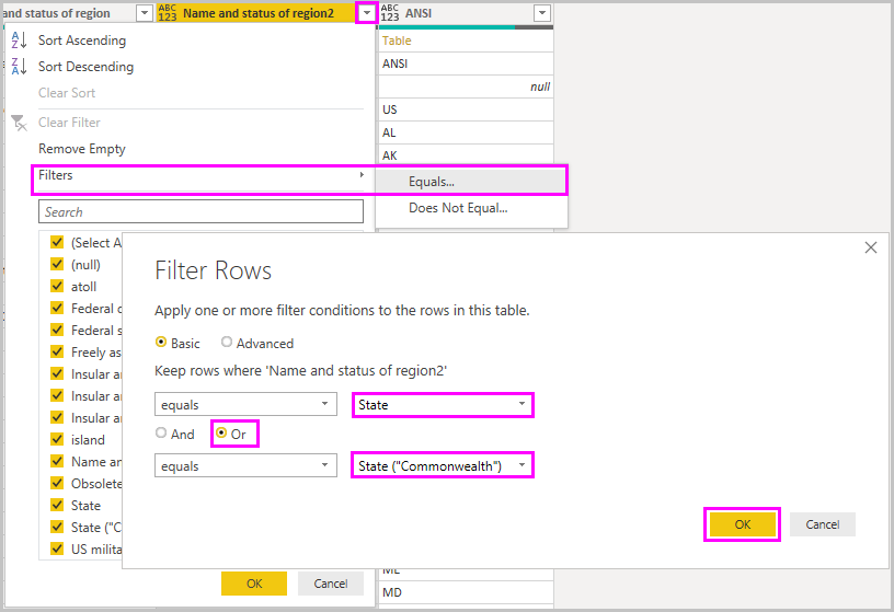 Schermopname van Power BI Desktop met het queryvak filterrijen van het Power Query-editor.