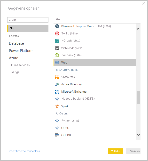 Schermopname van Power BI Desktop met het hulpprogramma Gegevens ophalen.