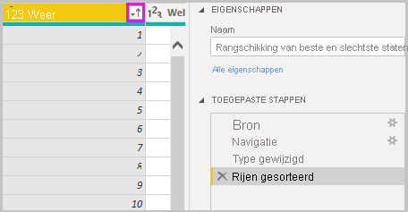 Schermopname van Power BI Desktop met gesorteerde rijen die worden weergegeven in Toegepaste stappen.