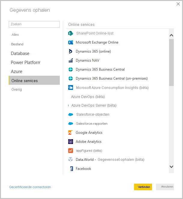 Screenshot of Power BI Desktop showing the Get Data dialog box.