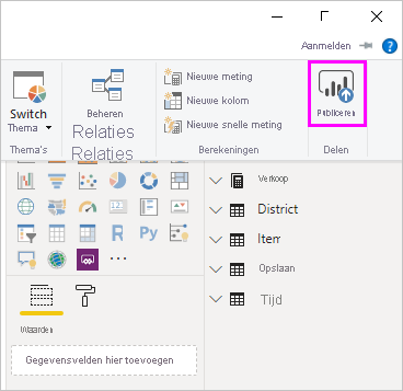 Screenshot of Power BI Desktop showing the Publish button.