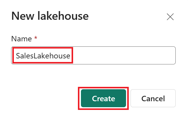 Schermopname van het benoemen van een naam Lakehouse.