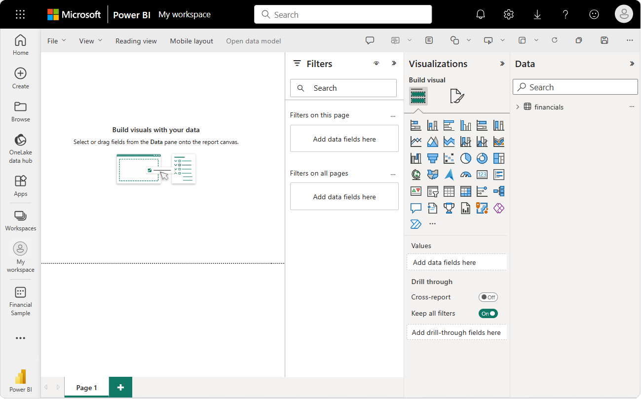 Schermopname van een leeg rapportcanvas in Mijn werkruimte met de deelvensters Filters, Visualisaties en Gegevens geopend.