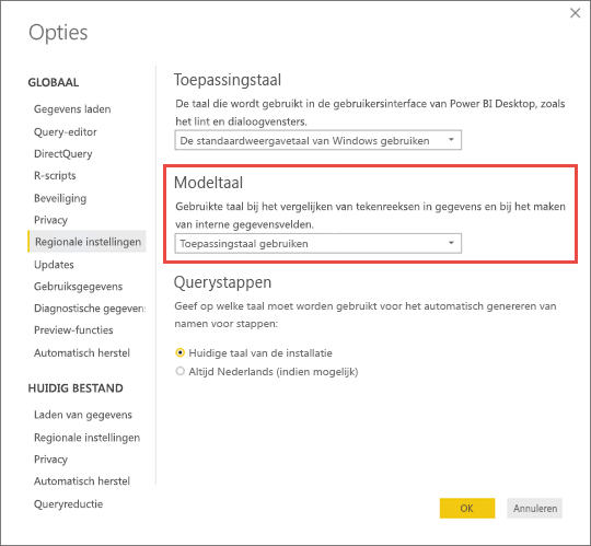 Schermopname van Power BI Desktop waarin wordt getoond hoe u de modeltaal instelt.