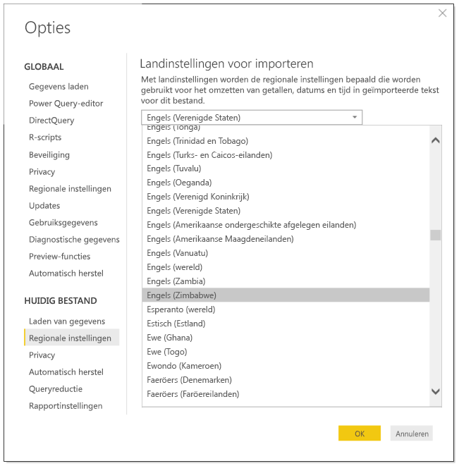 Schermopname van Power BI Desktop met het dialoogvenster Opties.