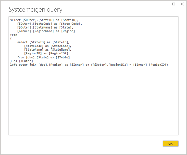 Schermopname van Power BI Desktop met het venster Systeemeigen query. Met een query-instructie worden twee brontabellen samengevoegd.