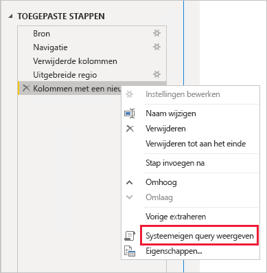 Schermopname van Power BI Desktop en de optie Systeemeigen query weergeven onder Toegepaste stappen.