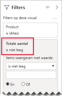 Diagram waarin wordt weergegeven dat het deelvenster Filters voor de slicer Product nu filtert op 'Totale hoeveelheid is niet leeg'.